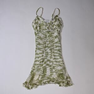 Y2K Cool Attitude Green And White Double Lined Crocheted Mini Dress Size L